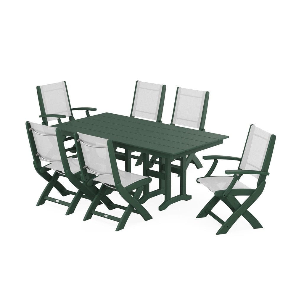 POLYWOOD® Outdoor Furniture Green / White Sling POLYWOOD® - Coastal Folding Chair 7-Piece Farmhouse Dining Set - PWS1176