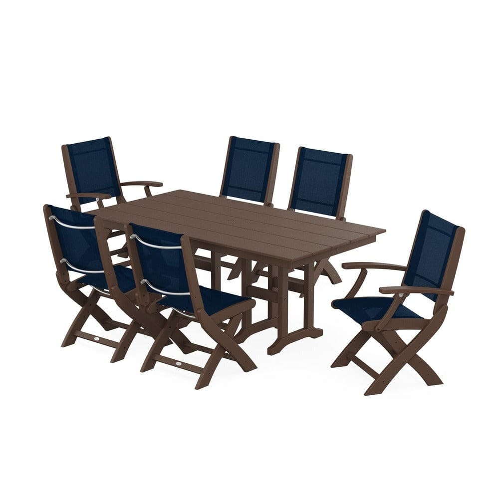 POLYWOOD® Outdoor Furniture Mahogany / Navy Blue Sling POLYWOOD® - Coastal Folding Chair 7-Piece Farmhouse Dining Set - PWS1176