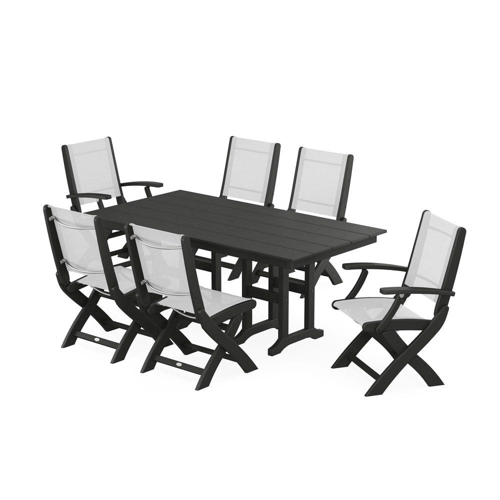 POLYWOOD® Outdoor Furniture Black / White Sling POLYWOOD® - Coastal Folding Chair 7-Piece Farmhouse Dining Set - PWS1176