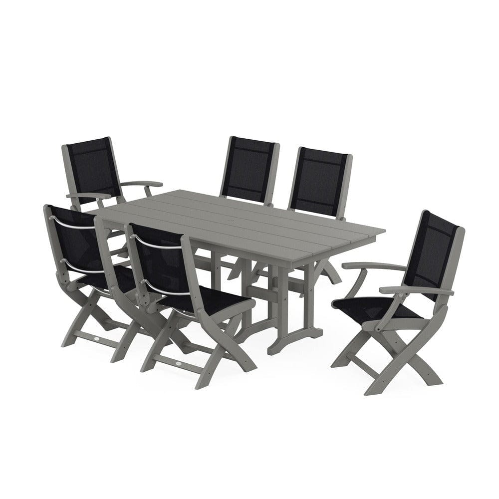 POLYWOOD® Outdoor Furniture Slate Grey / Black Sling POLYWOOD® - Coastal Folding Chair 7-Piece Farmhouse Dining Set - PWS1176