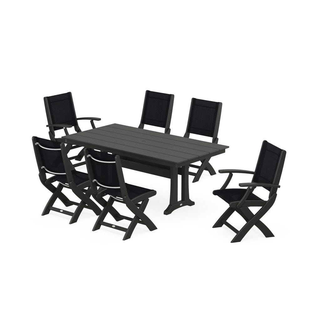 POLYWOOD® Outdoor Furniture Black / Black Sling POLYWOOD® - Coastal Folding Chair 7-Piece Farmhouse Dining Set with Trestle Legs - PWS1001