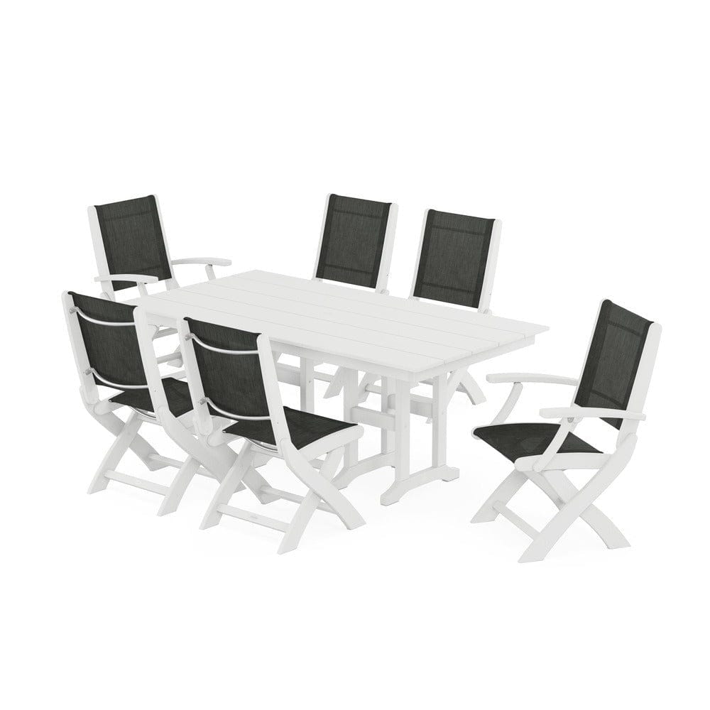 POLYWOOD® Outdoor Furniture White / Ember Sling POLYWOOD® - Coastal Folding Chair 7-Piece Farmhouse Dining Set - PWS1176