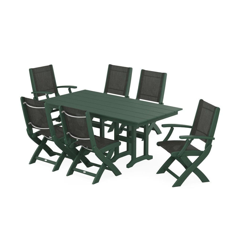 POLYWOOD® Outdoor Furniture Green / Ember Sling POLYWOOD® - Coastal Folding Chair 7-Piece Farmhouse Dining Set - PWS1176