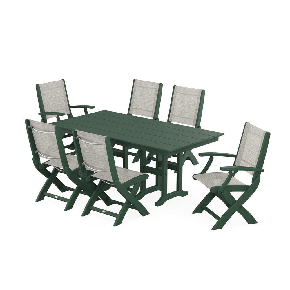 POLYWOOD® Outdoor Furniture Green / Birch Sling POLYWOOD® - Coastal Folding Chair 7-Piece Farmhouse Dining Set - PWS1176