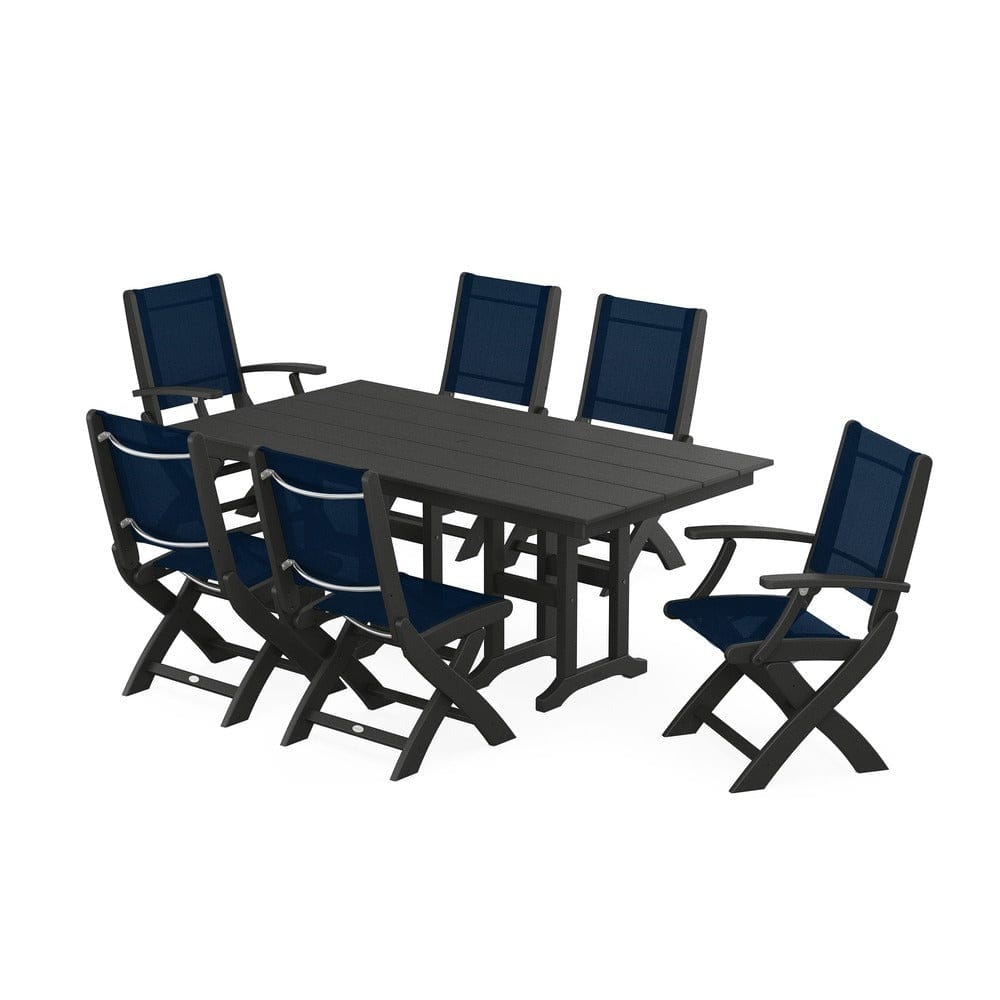 POLYWOOD® Outdoor Furniture Black / Navy Blue Sling POLYWOOD® - Coastal Folding Chair 7-Piece Farmhouse Dining Set - PWS1176