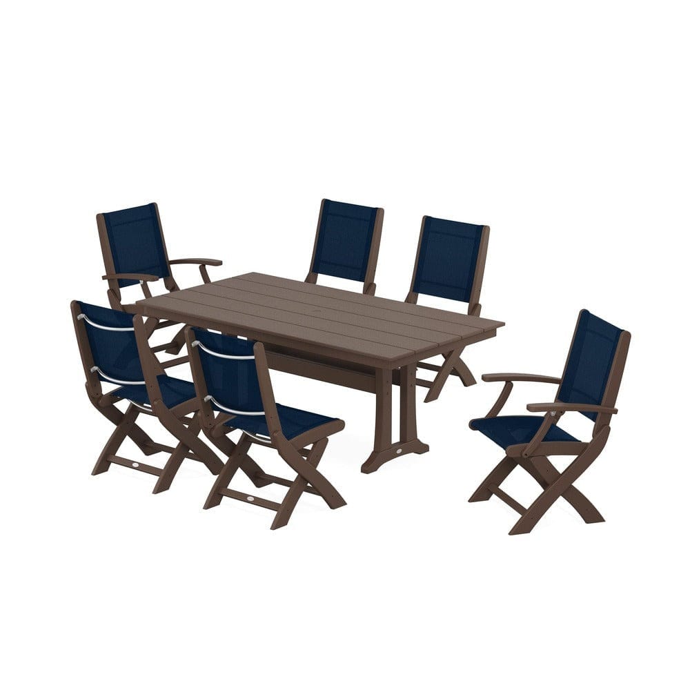 POLYWOOD® Outdoor Furniture Mahogany / Navy Blue Sling POLYWOOD® - Coastal Folding Chair 7-Piece Farmhouse Dining Set with Trestle Legs - PWS1001