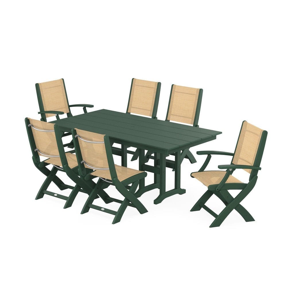 POLYWOOD® Outdoor Furniture Green / Dupioni Apricot Sling POLYWOOD® - Coastal Folding Chair 7-Piece Farmhouse Dining Set - PWS1176