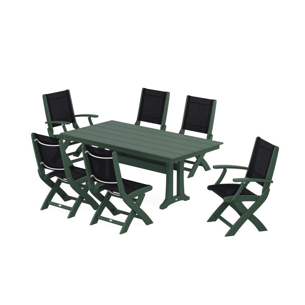 POLYWOOD® Outdoor Furniture Green / Black Sling POLYWOOD® - Coastal Folding Chair 7-Piece Farmhouse Dining Set with Trestle Legs - PWS1001