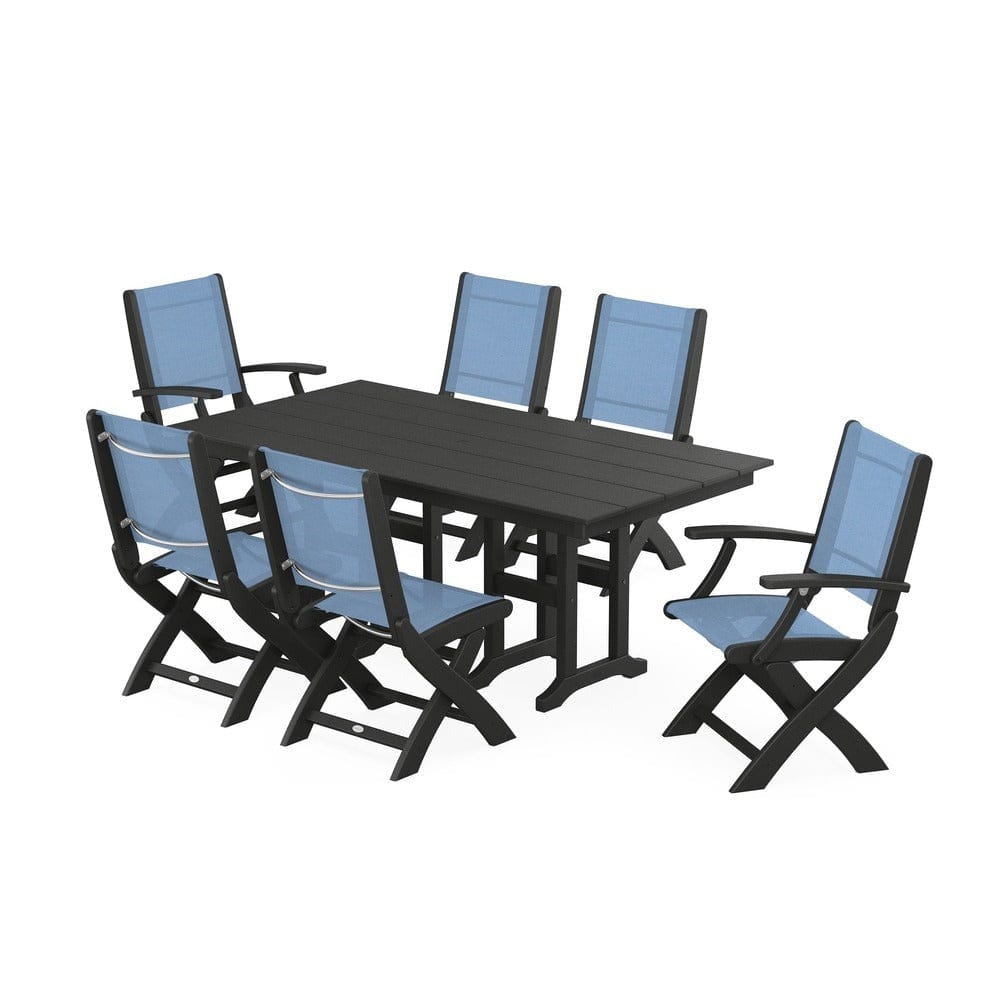 POLYWOOD® Outdoor Furniture Black / Poolside Sling POLYWOOD® - Coastal Folding Chair 7-Piece Farmhouse Dining Set - PWS1176