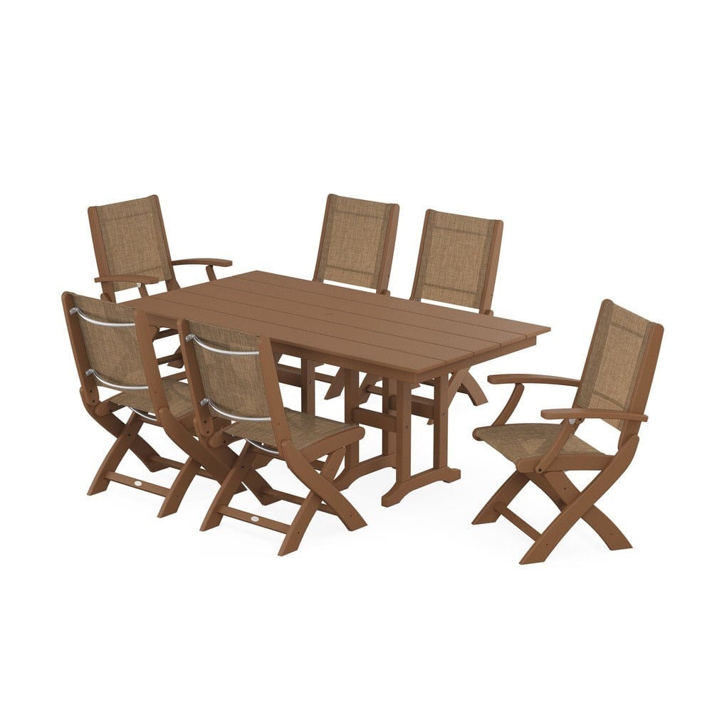 POLYWOOD® Outdoor Furniture Teak / Burlap Sling POLYWOOD® - Coastal Folding Chair 7-Piece Farmhouse Dining Set - PWS1176