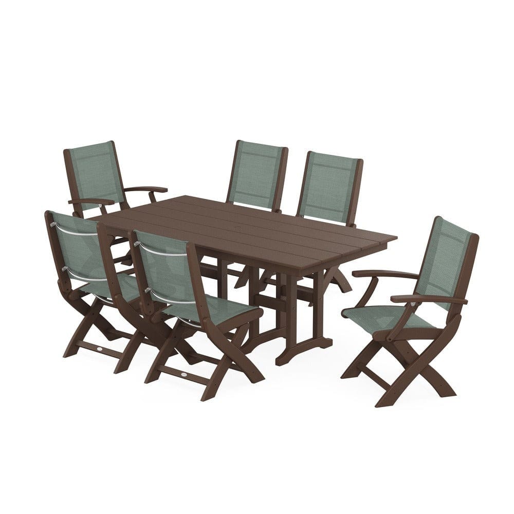 POLYWOOD® Outdoor Furniture Mahogany / Dupioni Sea Mist Sling POLYWOOD® - Coastal Folding Chair 7-Piece Farmhouse Dining Set - PWS1176