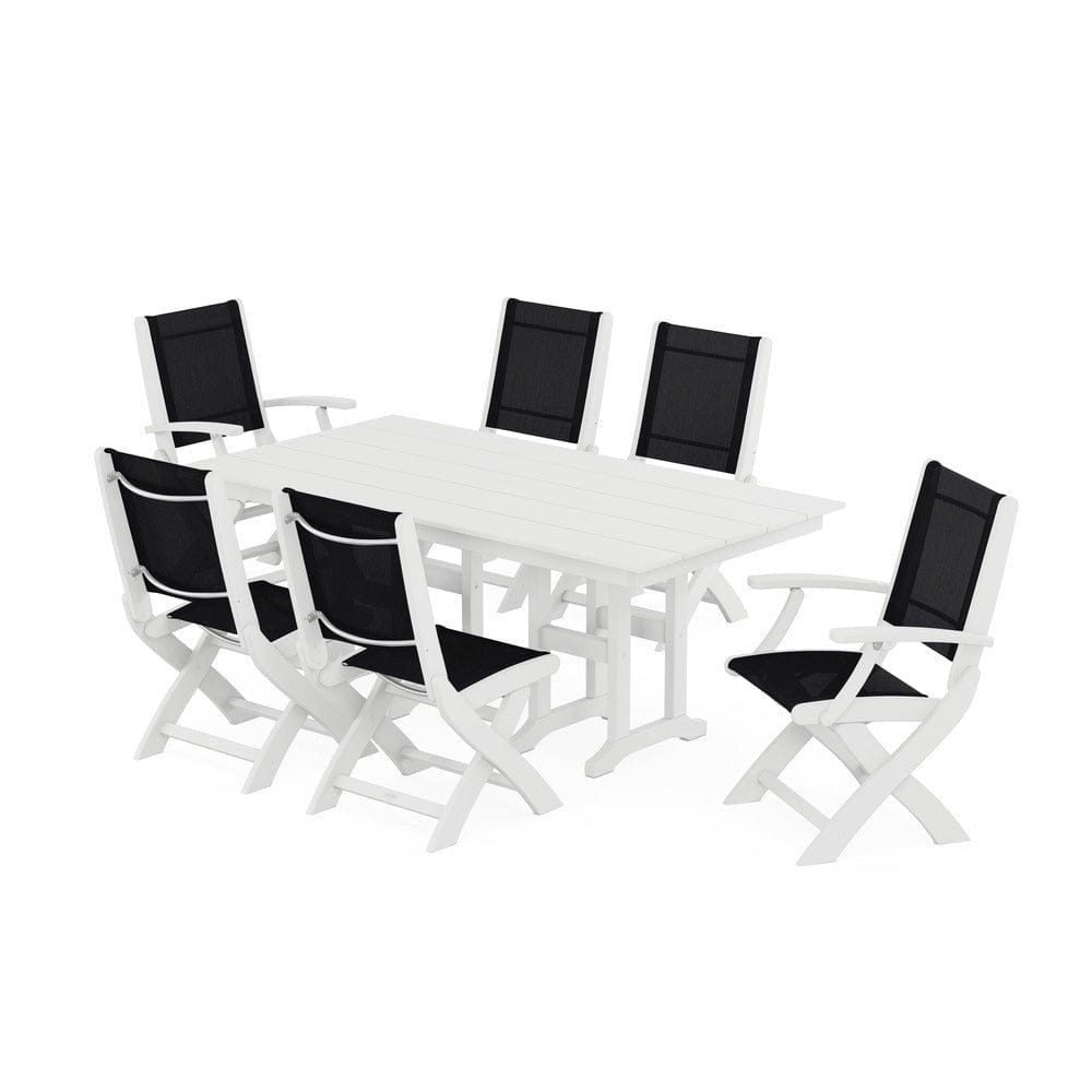 POLYWOOD® Outdoor Furniture White / Black Sling POLYWOOD® - Coastal Folding Chair 7-Piece Farmhouse Dining Set - PWS1176