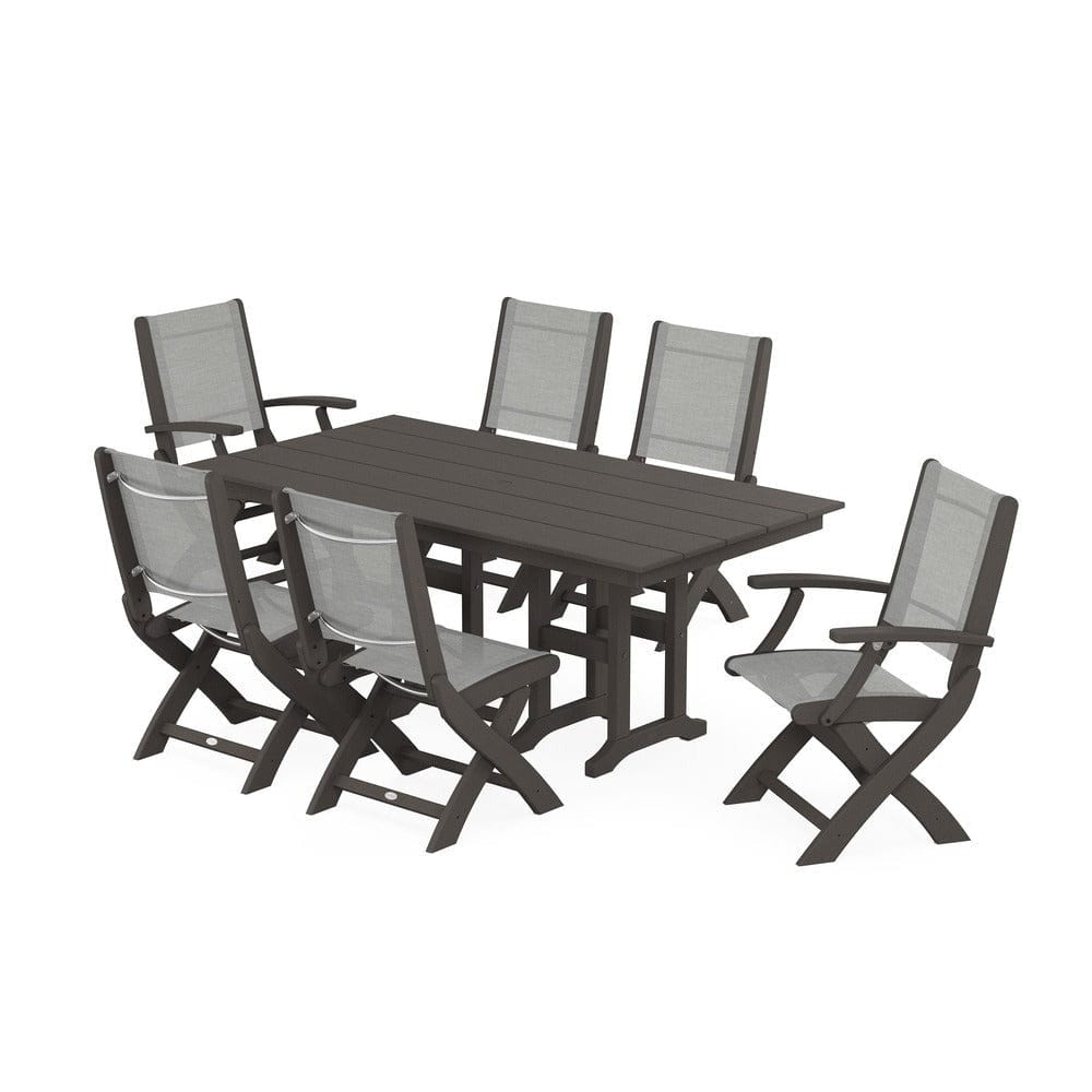 POLYWOOD® Outdoor Furniture Vintage Coffee / Metallic Sling POLYWOOD® - Coastal Folding Chair 7-Piece Farmhouse Dining Set - PWS1176