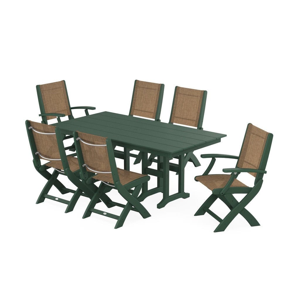 POLYWOOD® Outdoor Furniture Green / Burlap Sling POLYWOOD® - Coastal Folding Chair 7-Piece Farmhouse Dining Set - PWS1176