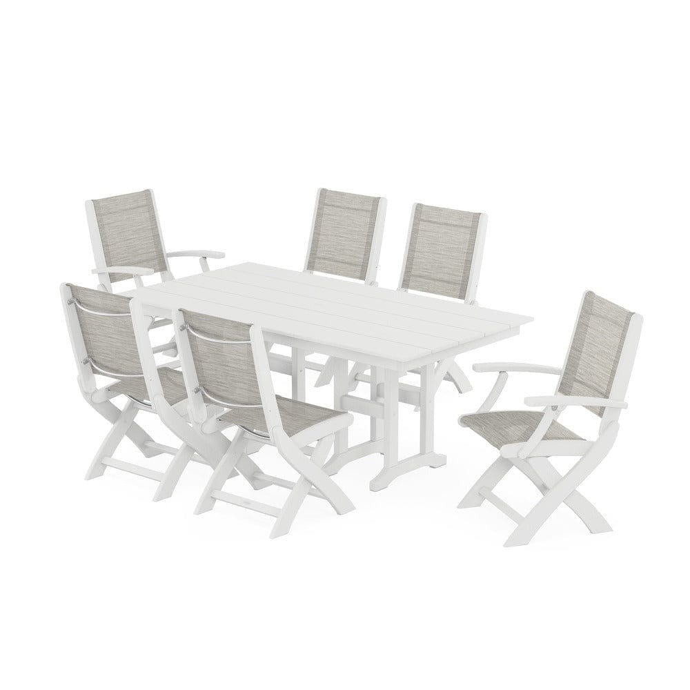 POLYWOOD® Outdoor Furniture White / Birch Sling POLYWOOD® - Coastal Folding Chair 7-Piece Farmhouse Dining Set - PWS1176