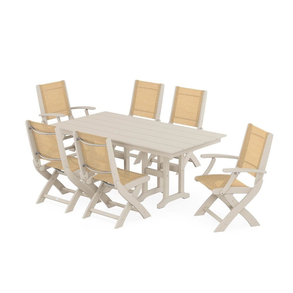 POLYWOOD® Outdoor Furniture Sand / Dupioni Apricot Sling POLYWOOD® - Coastal Folding Chair 7-Piece Farmhouse Dining Set - PWS1176