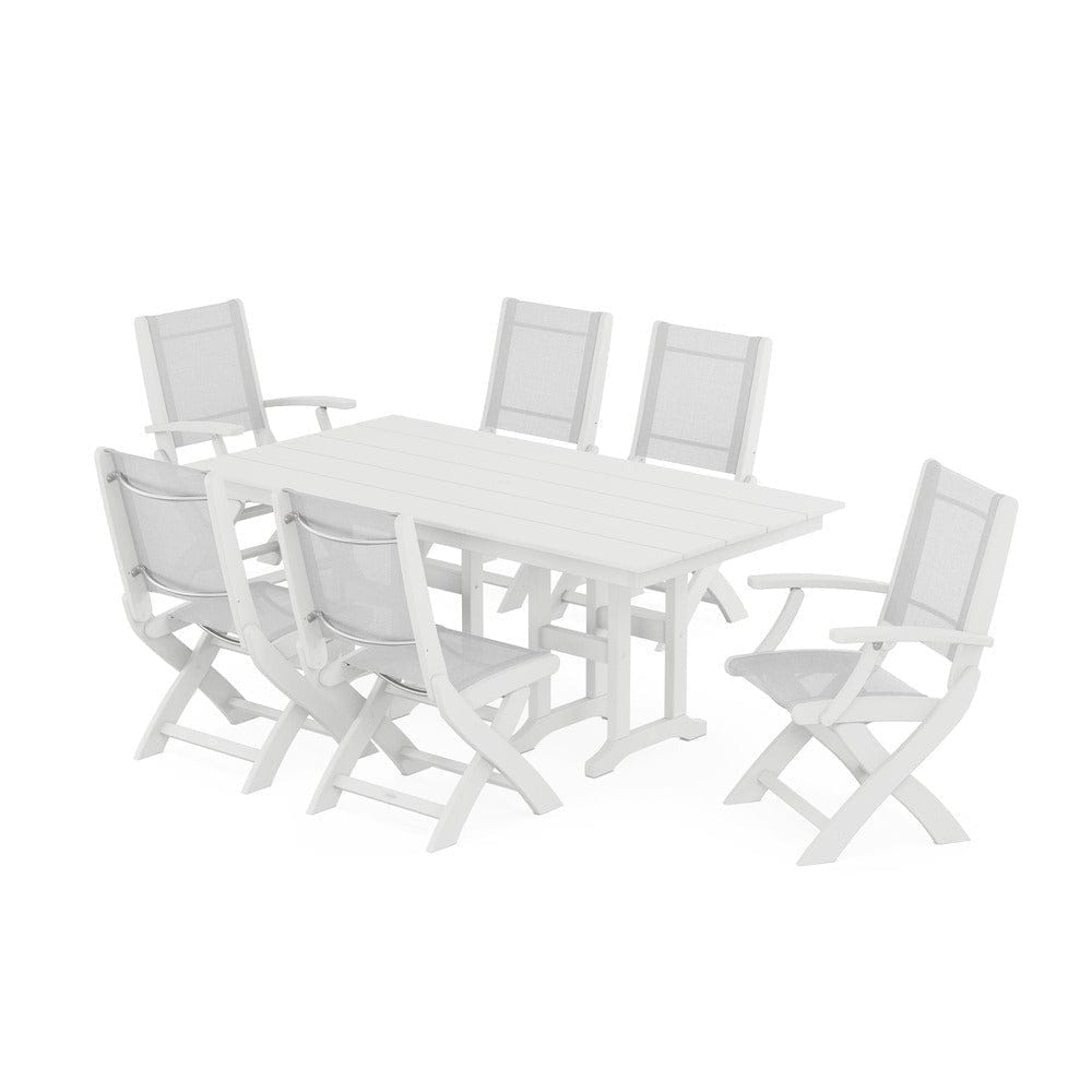 POLYWOOD® Outdoor Furniture White / White Sling POLYWOOD® - Coastal Folding Chair 7-Piece Farmhouse Dining Set - PWS1176