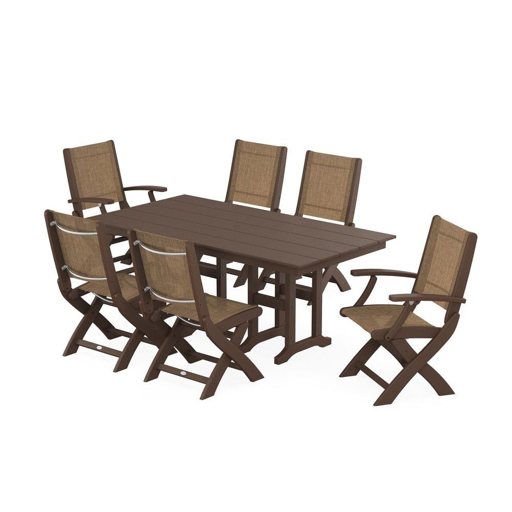 POLYWOOD® Outdoor Furniture Mahogany / Burlap Sling POLYWOOD® - Coastal Folding Chair 7-Piece Farmhouse Dining Set - PWS1176