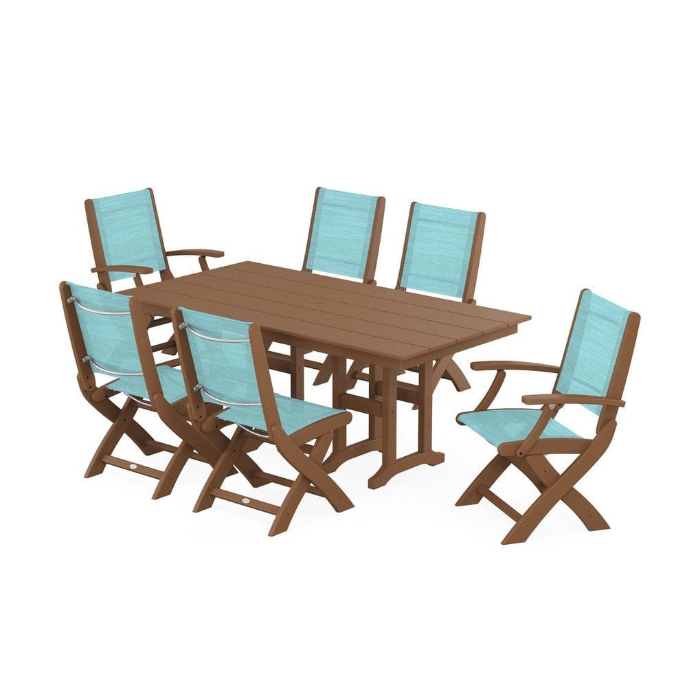 POLYWOOD® Outdoor Furniture Teak / Dupioni Aquamarine Sling POLYWOOD® - Coastal Folding Chair 7-Piece Farmhouse Dining Set - PWS1176
