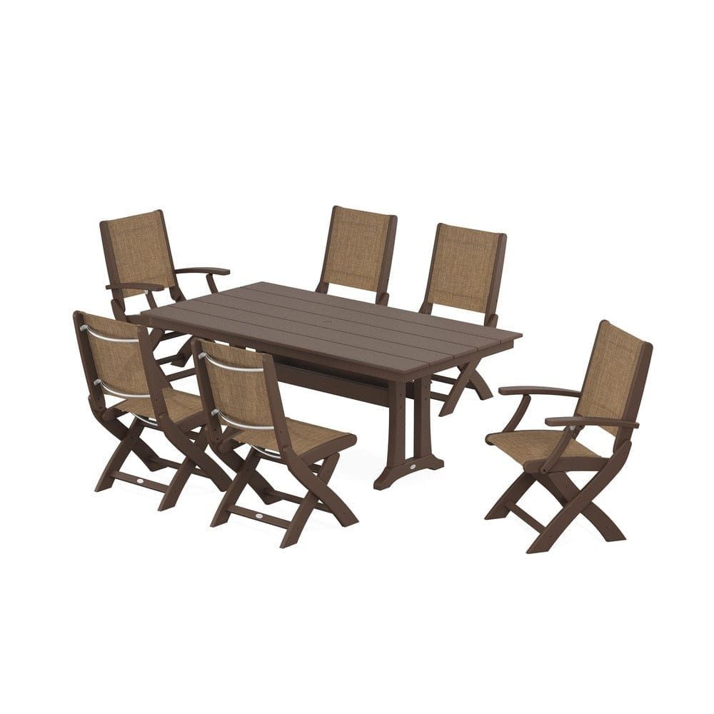 POLYWOOD® Outdoor Furniture Mahogany / Burlap Sling POLYWOOD® - Coastal Folding Chair 7-Piece Farmhouse Dining Set with Trestle Legs - PWS1001
