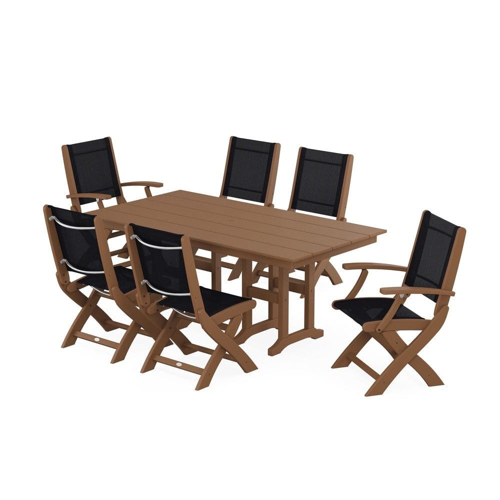 POLYWOOD® Outdoor Furniture Teak / Black Sling POLYWOOD® - Coastal Folding Chair 7-Piece Farmhouse Dining Set - PWS1176