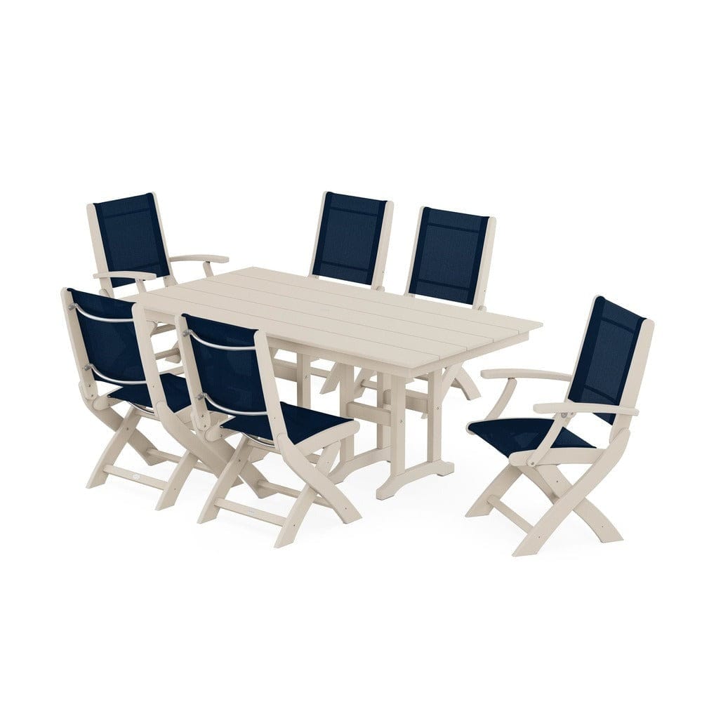 POLYWOOD® Outdoor Furniture Sand / Navy Blue Sling POLYWOOD® - Coastal Folding Chair 7-Piece Farmhouse Dining Set - PWS1176