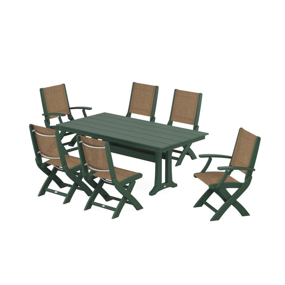 POLYWOOD® Outdoor Furniture Green / Burlap Sling POLYWOOD® - Coastal Folding Chair 7-Piece Farmhouse Dining Set with Trestle Legs - PWS1001