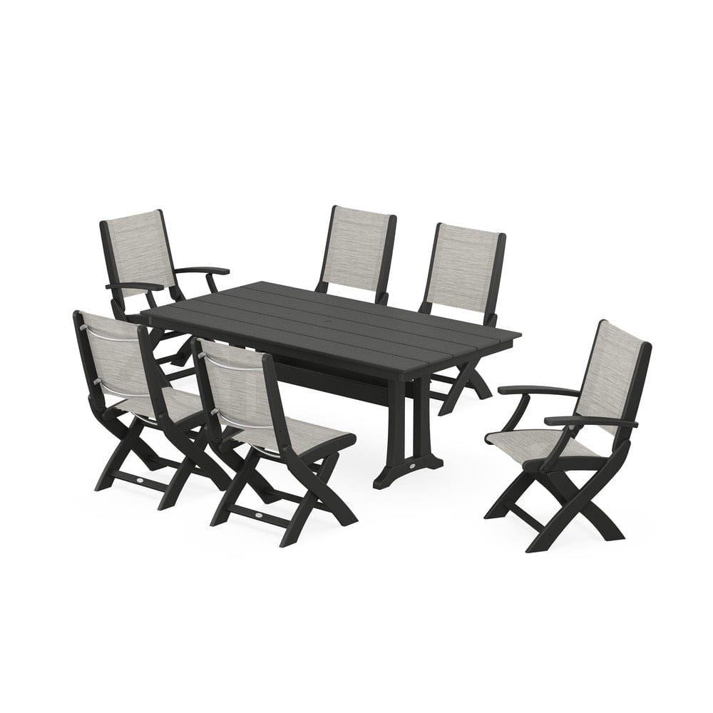 POLYWOOD® Outdoor Furniture Black / Birch Sling POLYWOOD® - Coastal Folding Chair 7-Piece Farmhouse Dining Set with Trestle Legs - PWS1001
