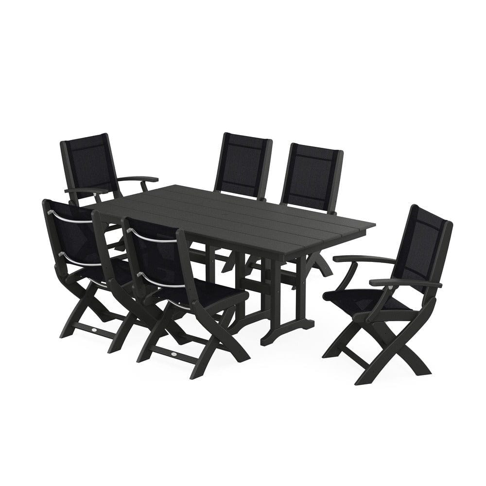 POLYWOOD® Outdoor Furniture Black / Black Sling POLYWOOD® - Coastal Folding Chair 7-Piece Farmhouse Dining Set - PWS1176
