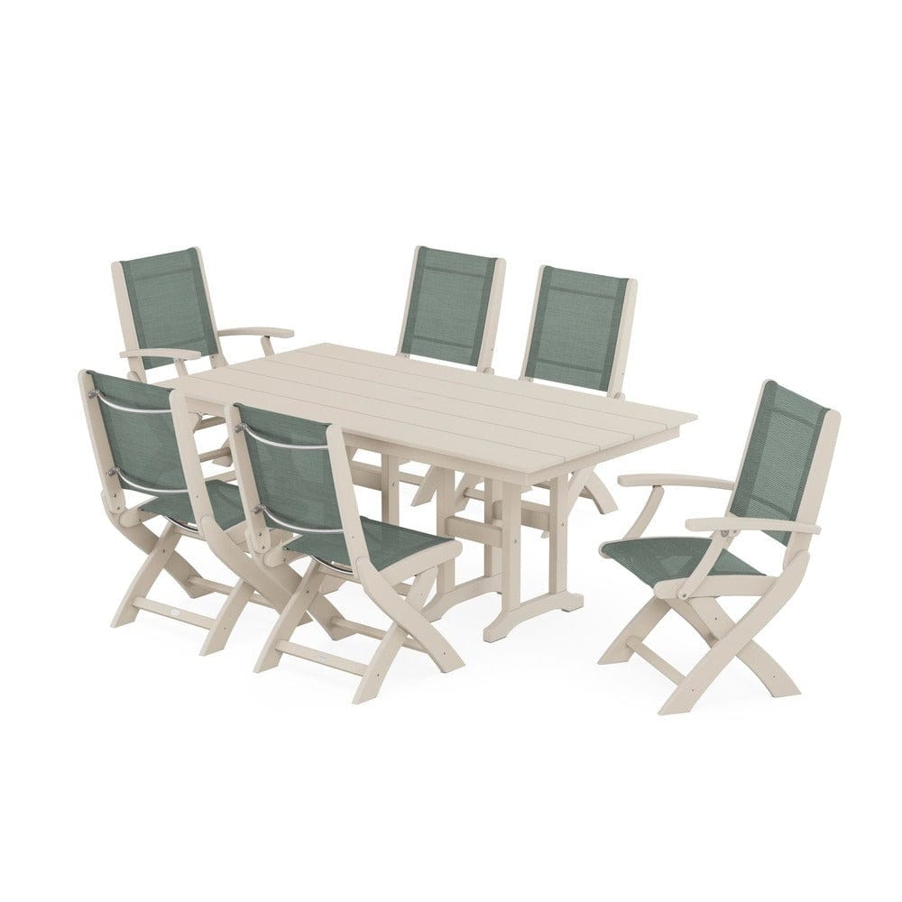 POLYWOOD® Outdoor Furniture Sand / Dupioni Sea Mist Sling POLYWOOD® - Coastal Folding Chair 7-Piece Farmhouse Dining Set - PWS1176