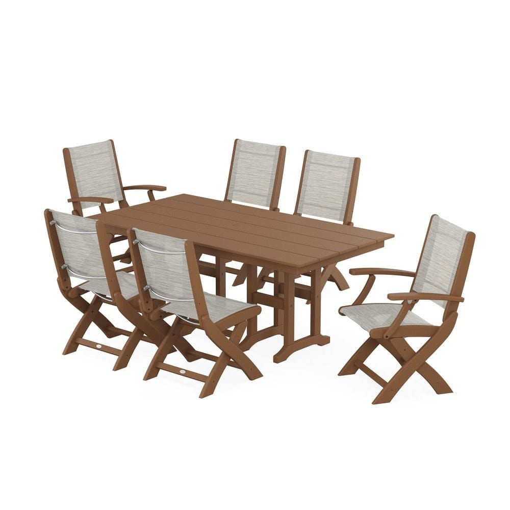 POLYWOOD® Outdoor Furniture Teak / Birch Sling POLYWOOD® - Coastal Folding Chair 7-Piece Farmhouse Dining Set - PWS1176