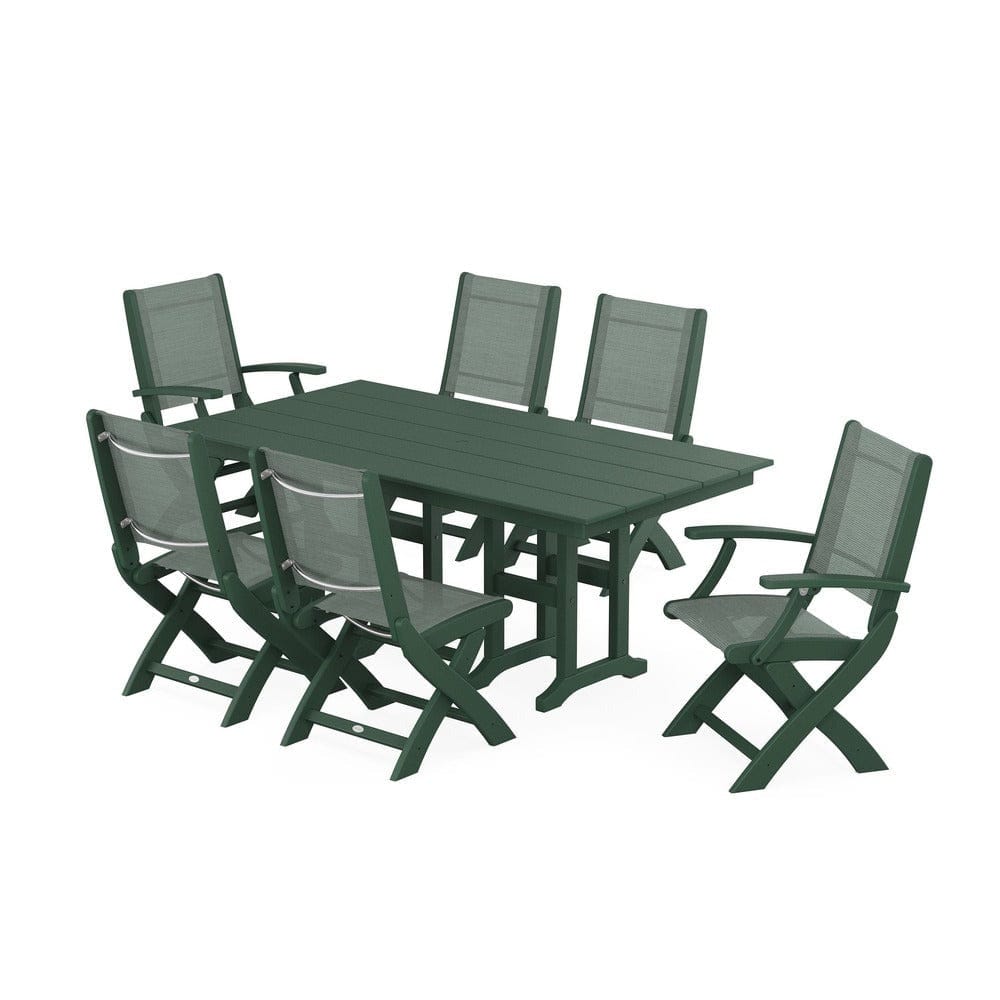 POLYWOOD® Outdoor Furniture Green / Dupioni Sea Mist Sling POLYWOOD® - Coastal Folding Chair 7-Piece Farmhouse Dining Set - PWS1176
