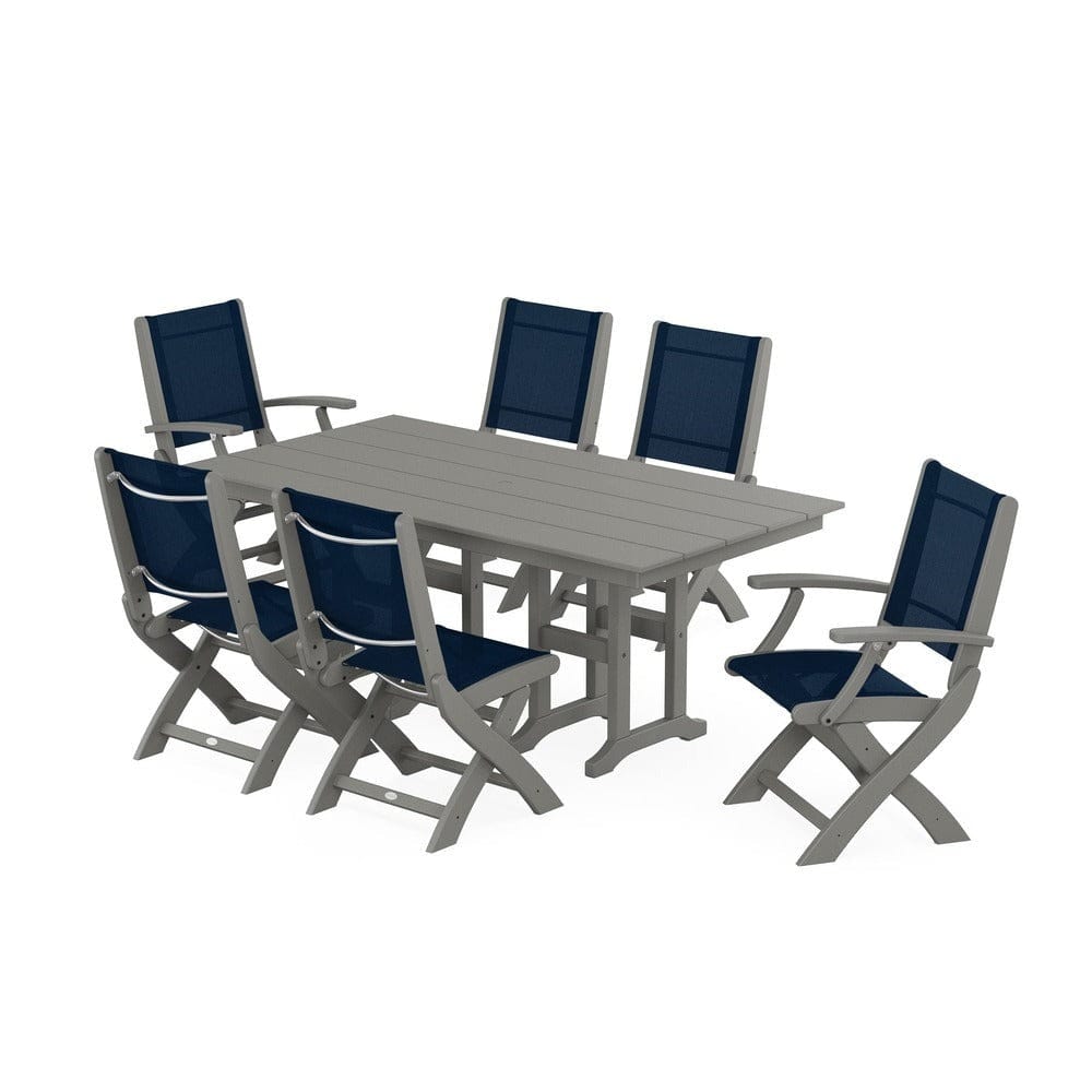 POLYWOOD® Outdoor Furniture Slate Grey / Navy Blue Sling POLYWOOD® - Coastal Folding Chair 7-Piece Farmhouse Dining Set - PWS1176