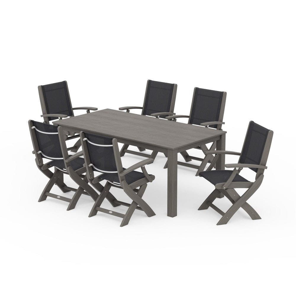 POLYWOOD® Outdoor Furniture Driftwood / Black Sling POLYWOOD® - Coastal Folding Chair 7-Piece Parsons Dining Set - PWS2271