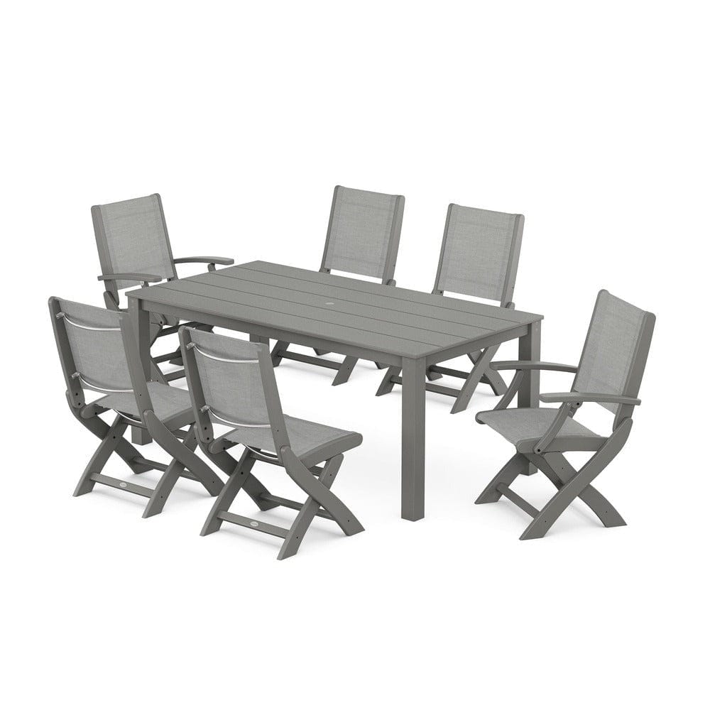 POLYWOOD® Outdoor Furniture Slate Grey / Metallic Sling POLYWOOD® - Coastal Folding Chair 7-Piece Parsons Dining Set - PWS2270