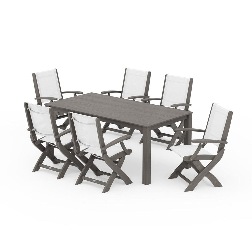 POLYWOOD® Outdoor Furniture Driftwood / White Sling POLYWOOD® - Coastal Folding Chair 7-Piece Parsons Dining Set - PWS2271