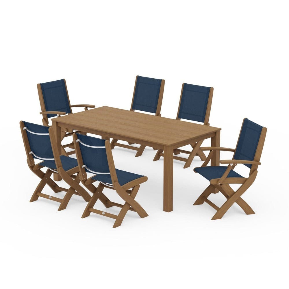 POLYWOOD® Outdoor Furniture Natural / Navy Blue Sling POLYWOOD® - Coastal Folding Chair 7-Piece Parsons Dining Set - PWS2270