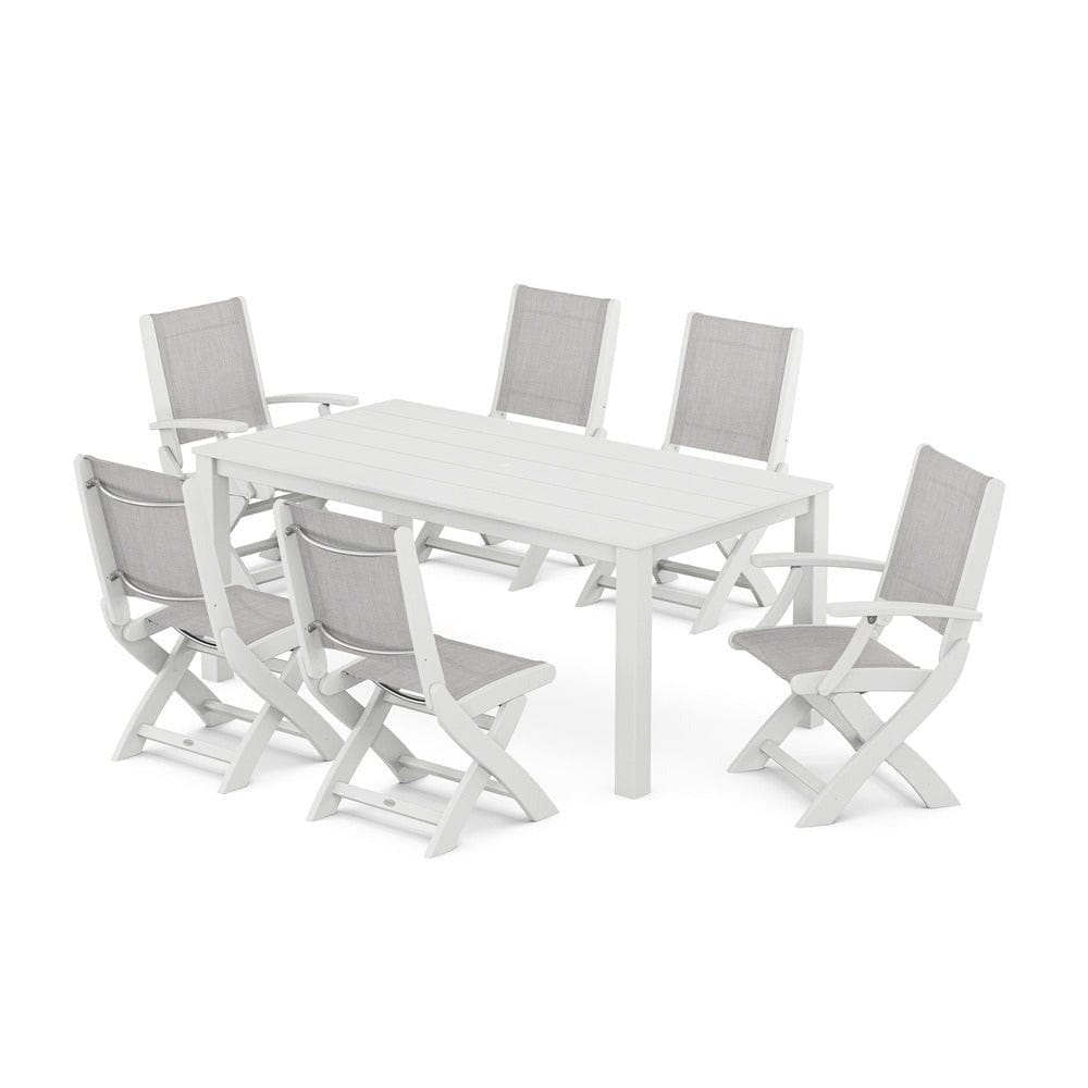 POLYWOOD® Outdoor Furniture White / Parchment Sling POLYWOOD® - Coastal Folding Chair 7-Piece Parsons Dining Set - PWS2270