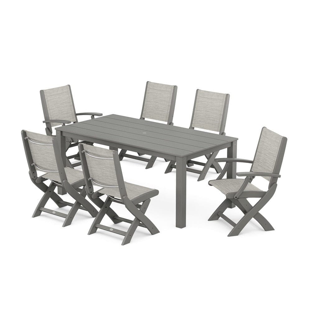 POLYWOOD® Outdoor Furniture Slate Grey / Birch Sling POLYWOOD® - Coastal Folding Chair 7-Piece Parsons Dining Set - PWS2270