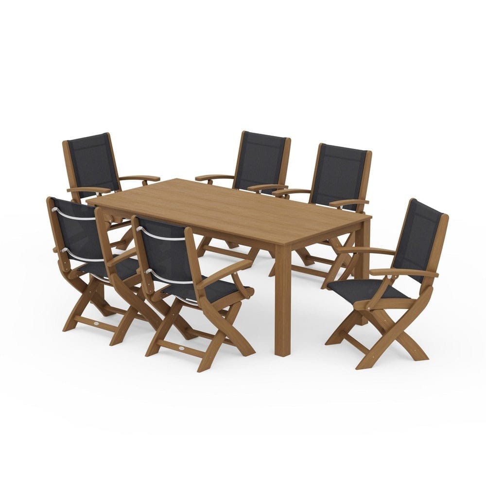 POLYWOOD® Outdoor Furniture Natural / Black Sling POLYWOOD® - Coastal Folding Chair 7-Piece Parsons Dining Set - PWS2271