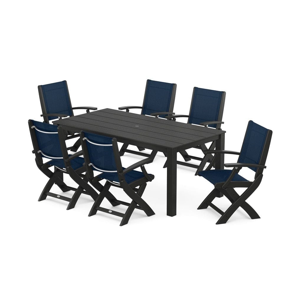 POLYWOOD® Outdoor Furniture Black / Navy Blue Sling POLYWOOD® - Coastal Folding Chair 7-Piece Parsons Dining Set - PWS2271