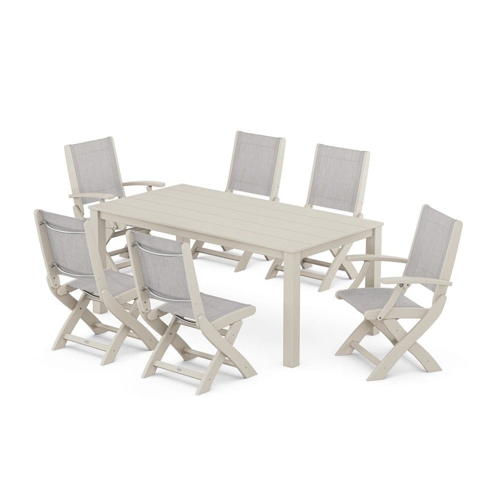POLYWOOD® Outdoor Furniture Sand / Parchment Sling POLYWOOD® - Coastal Folding Chair 7-Piece Parsons Dining Set - PWS2270