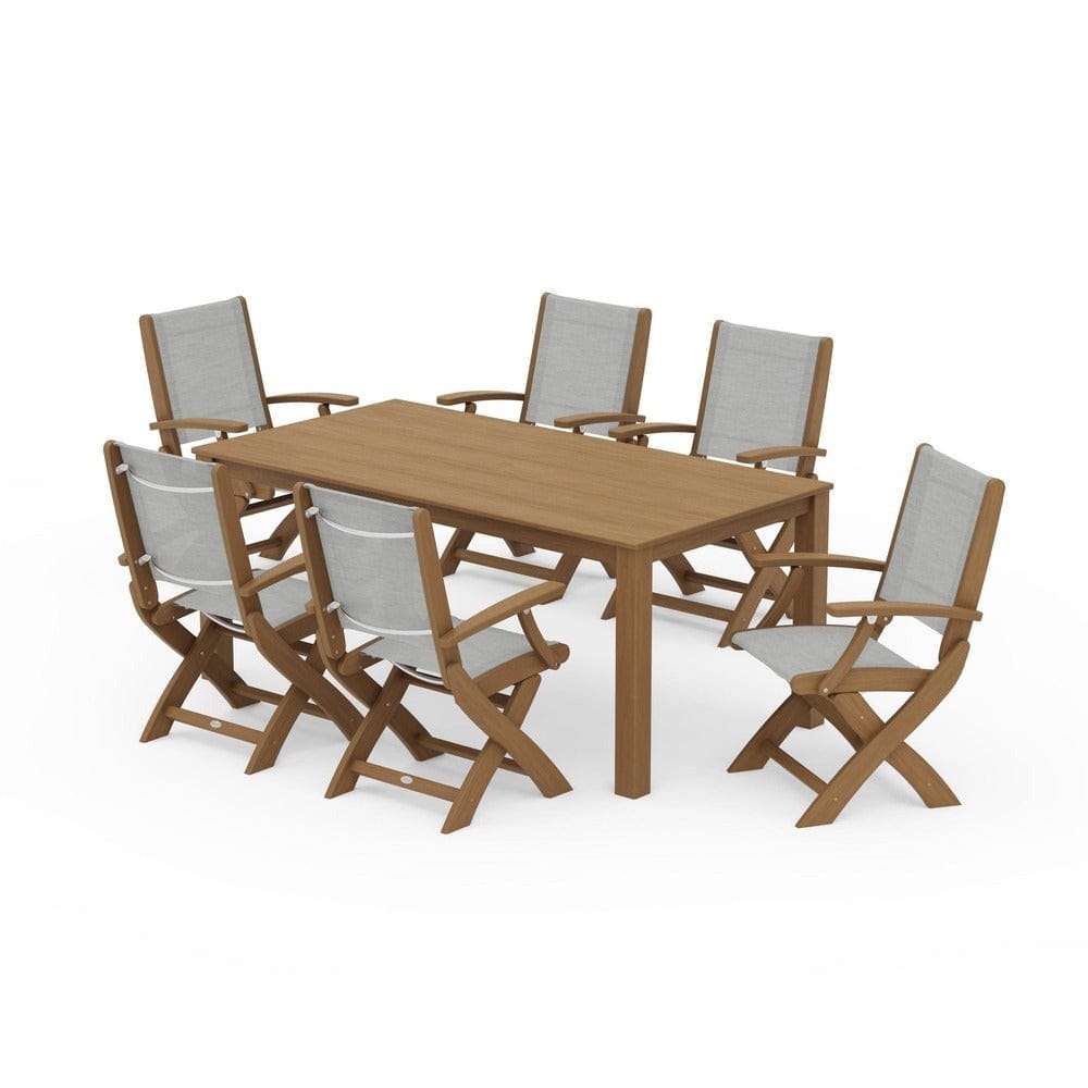 POLYWOOD® Outdoor Furniture Natural / Metallic Sling POLYWOOD® - Coastal Folding Chair 7-Piece Parsons Dining Set - PWS2271