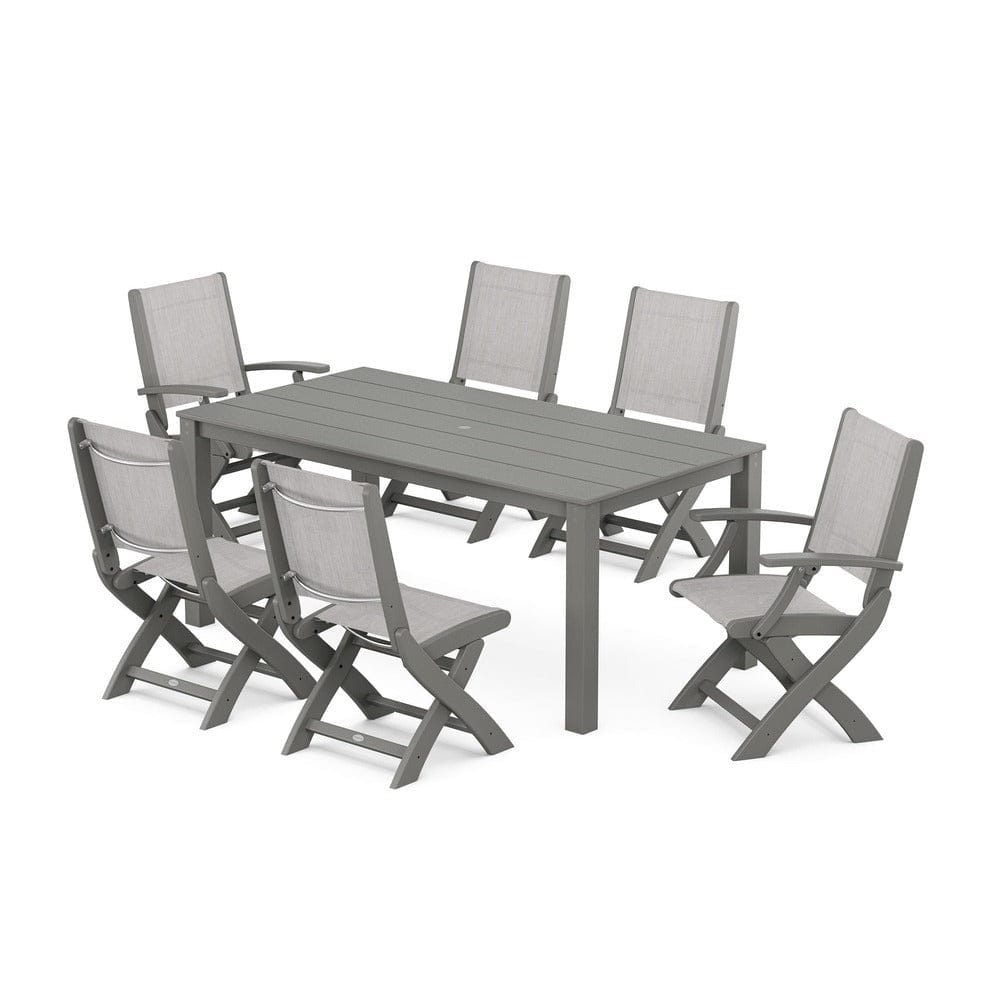 POLYWOOD® Outdoor Furniture Slate Grey / Parchment Sling POLYWOOD® - Coastal Folding Chair 7-Piece Parsons Dining Set - PWS2270