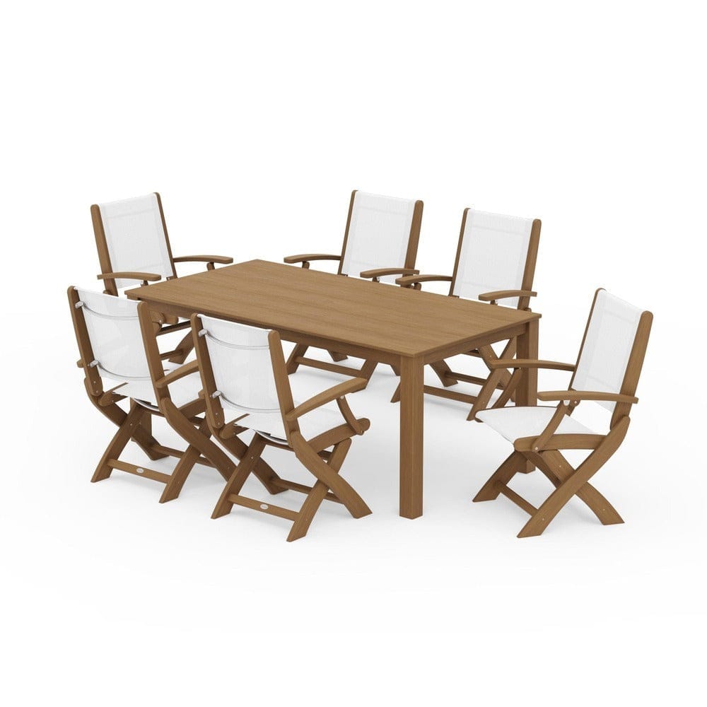 POLYWOOD® Outdoor Furniture Natural / White Sling POLYWOOD® - Coastal Folding Chair 7-Piece Parsons Dining Set - PWS2271