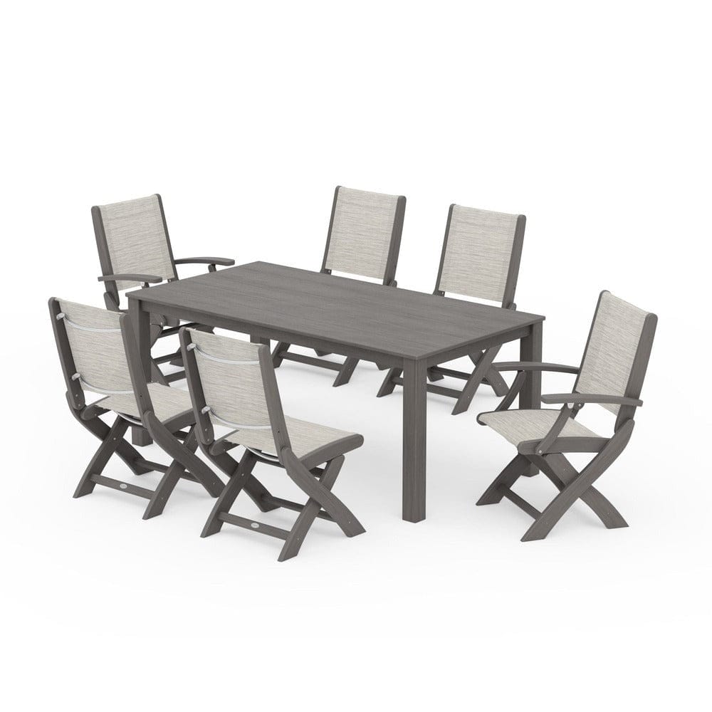 POLYWOOD® Outdoor Furniture Driftwood / Birch Sling POLYWOOD® - Coastal Folding Chair 7-Piece Parsons Dining Set - PWS2270
