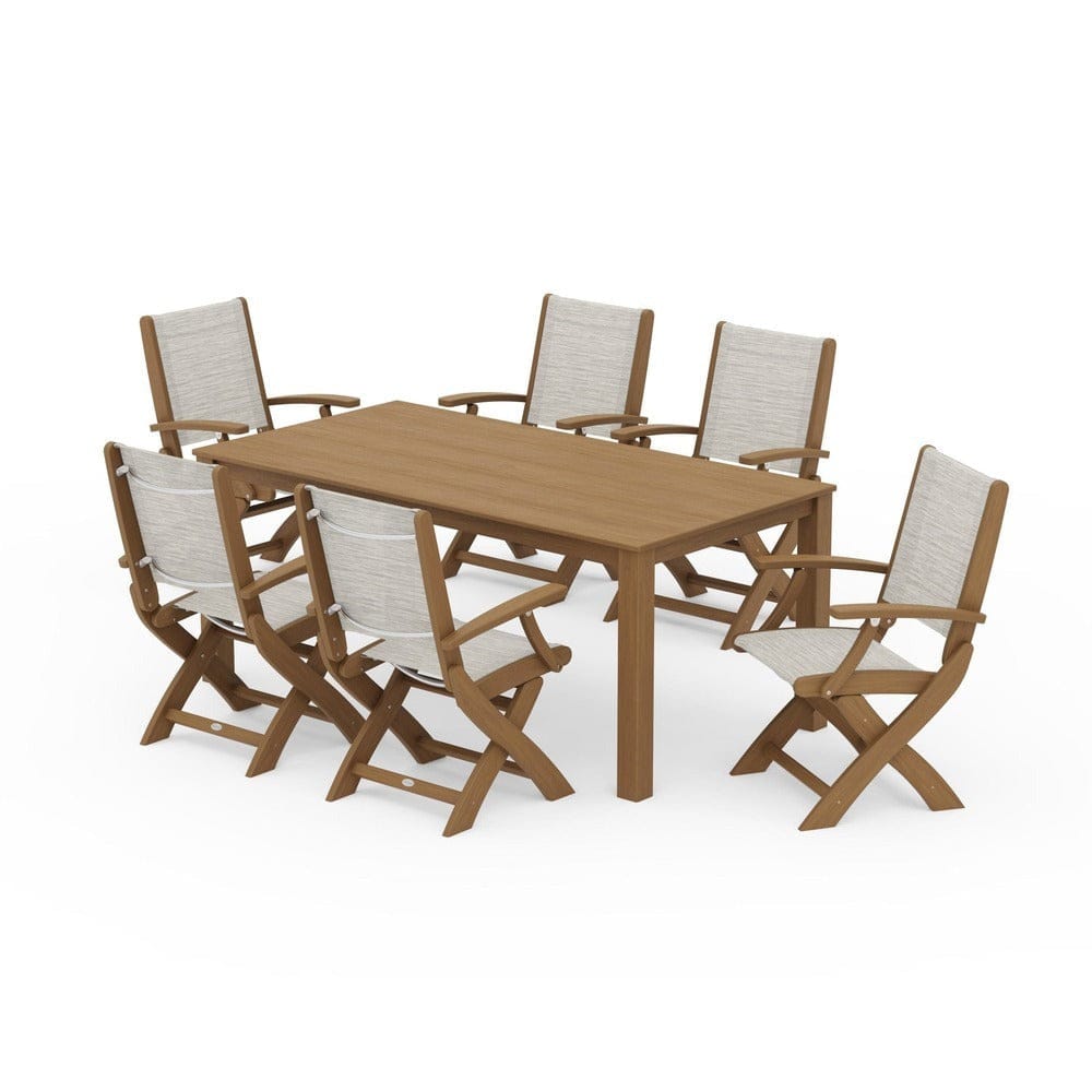 POLYWOOD® Outdoor Furniture Natural / Birch Sling POLYWOOD® - Coastal Folding Chair 7-Piece Parsons Dining Set - PWS2271