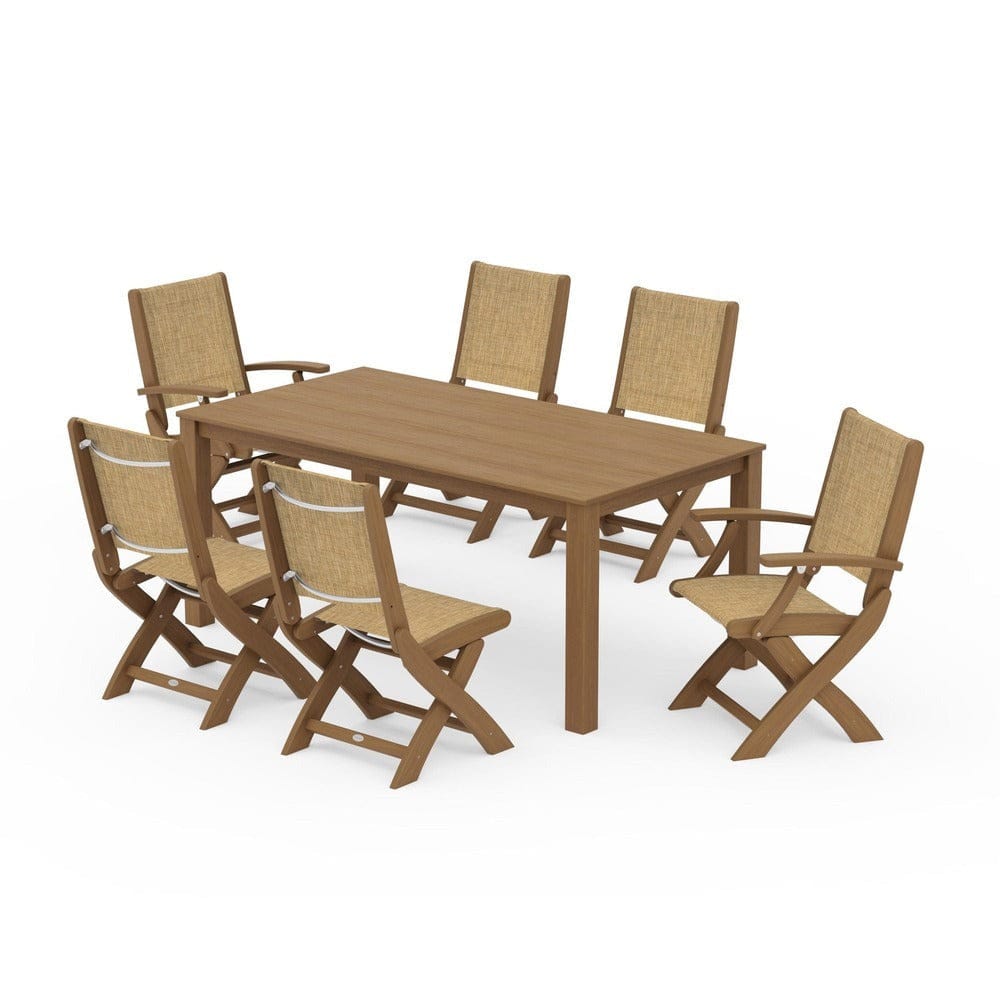 POLYWOOD® Outdoor Furniture Natural / Burlap Sling POLYWOOD® - Coastal Folding Chair 7-Piece Parsons Dining Set - PWS2270