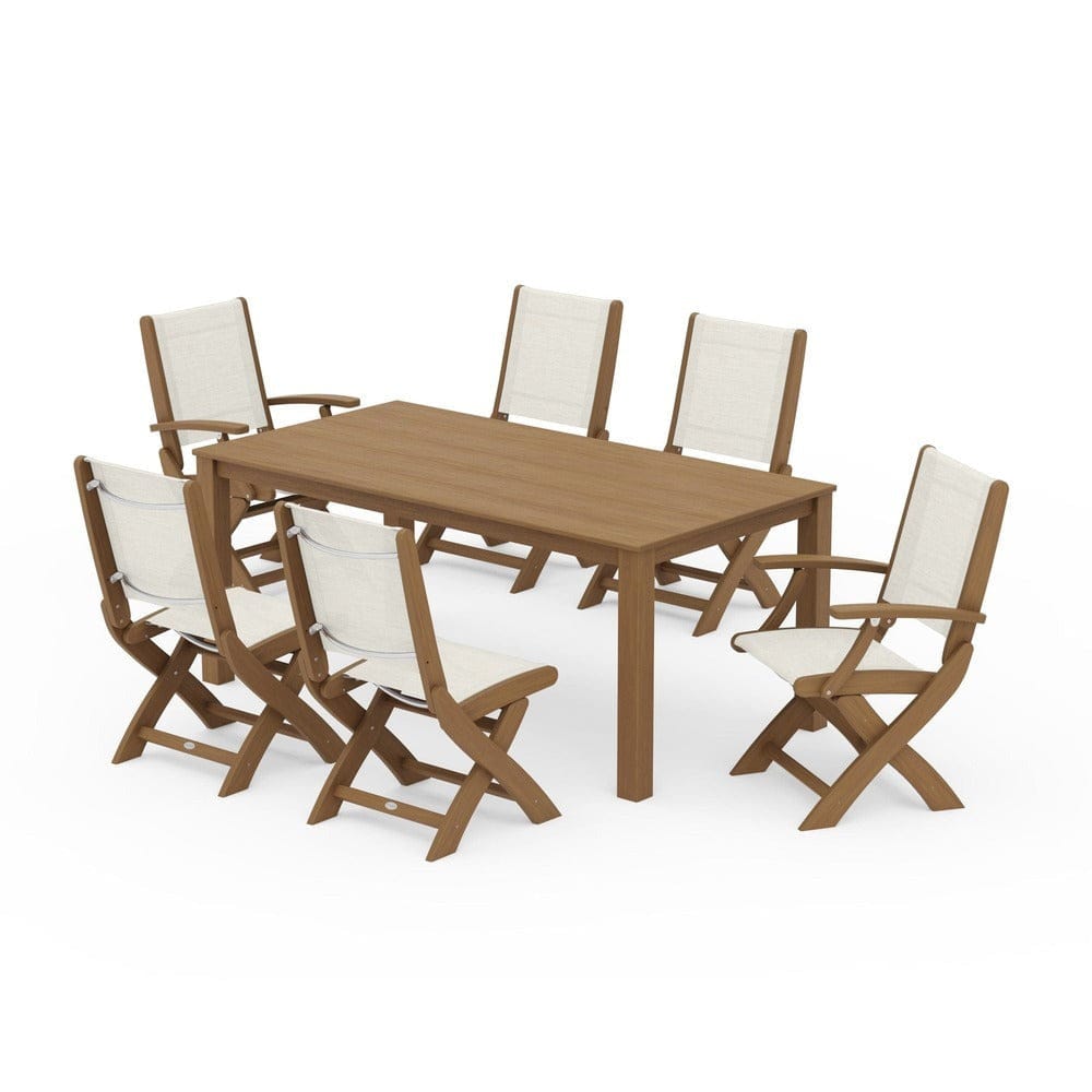POLYWOOD® Outdoor Furniture Natural / Parchment Sling POLYWOOD® - Coastal Folding Chair 7-Piece Parsons Dining Set - PWS2270