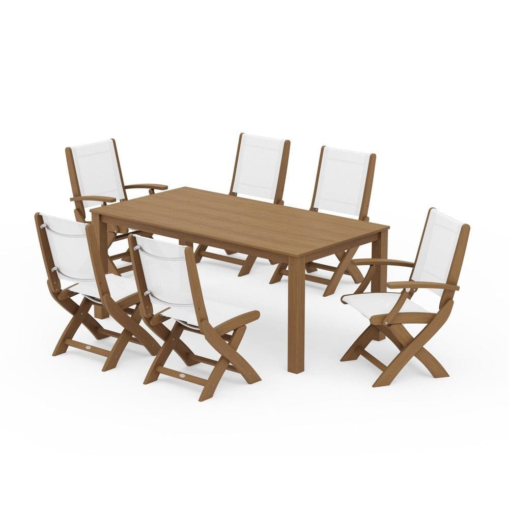 POLYWOOD® Outdoor Furniture Natural / White Sling POLYWOOD® - Coastal Folding Chair 7-Piece Parsons Dining Set - PWS2270